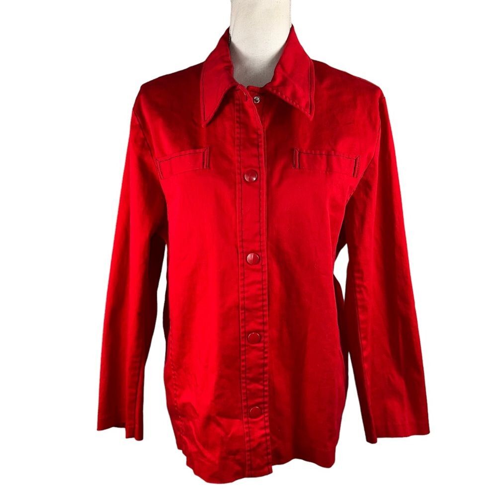 Terry Lewis Red Shirt Jacket Shacket Large Snap Front Stretch Christmas Holiday